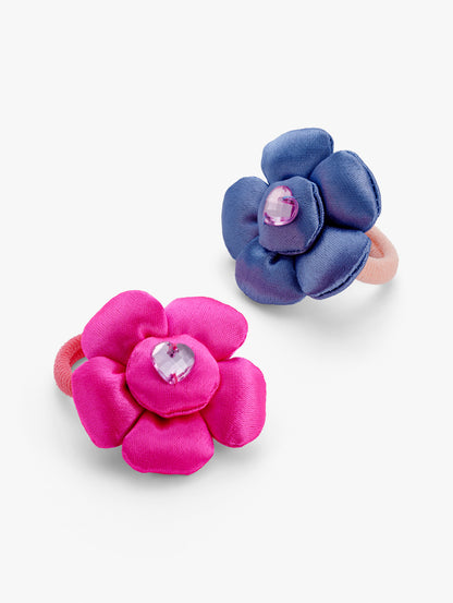 Stych Girls 2 Pack Pink & Blue padded flower shape and heart gem centre, soft elasticated hair band accessories 