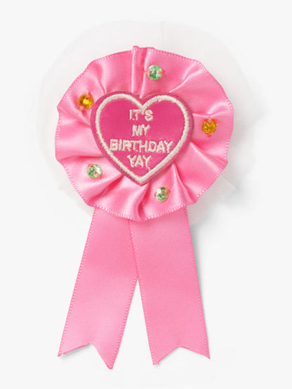 Stych Pink ribbon Birthday Piin Badge with 'It's My Birthday YAY, embroidered with gem and tulle detail
