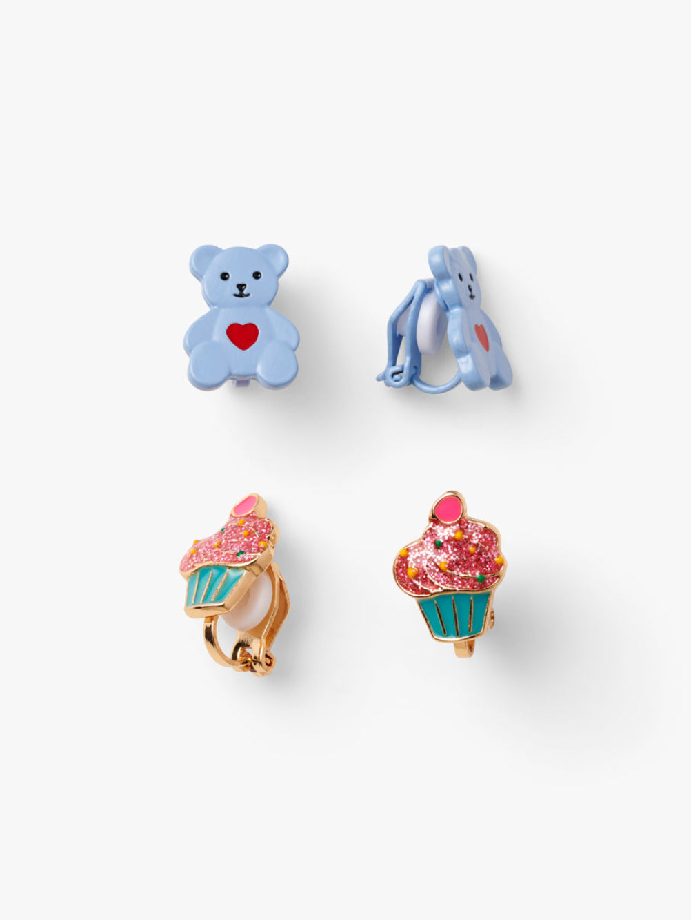 Stych Girls Pack of 2 clip-on earrings, 1 pair in  a blue teddy shape design, and other pair in glitter cupcake decorative shape design.