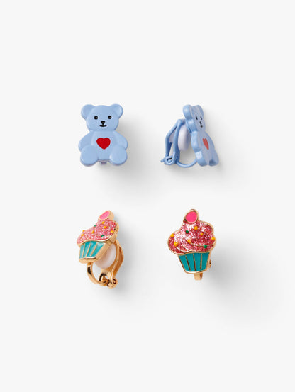 Stych Girls Pack of 2 clip-on earrings, 1 pair in  a blue teddy shape design, and other pair in glitter cupcake decorative shape design.