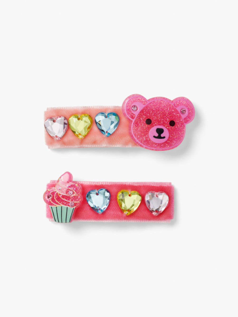 Stych Girls Pack of 2 Pink Hair clips with teddy face, cupcake and colourful heart shape gem embellishment. 