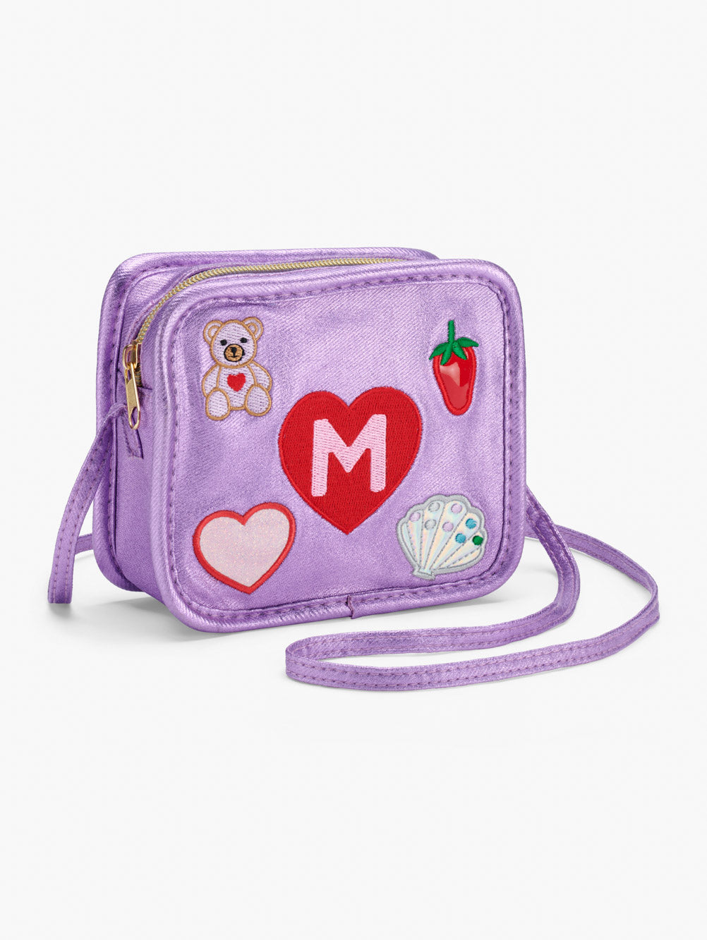 Stych Girls Purple shimmering fabric square crossbody bag with embroidered initial heart, teddy bear, strawberry, herat and gem shell detailing. Zip closure, crossbody strap. 