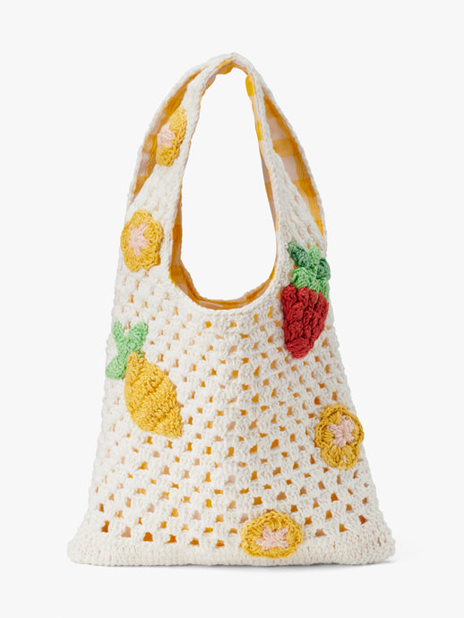 Stych Girls' Cream crochet bag with strawberries, lemons and flower appliques, Gingham lining, Two Handles 