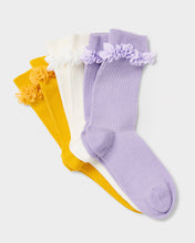 Load image into Gallery viewer, Stych Girls&#39; 3 Pack Tulle Frill Rib Organic Cotton Socks Lilac, White &amp; Mustard colour | Size: Age 3-4 &amp; Age 5-8 years 