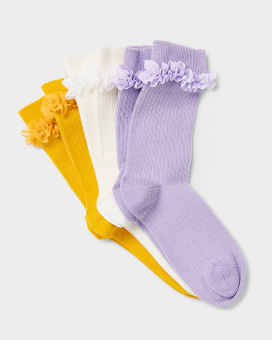 Stych Girls' 3 Pack Tulle Frill Rib Organic Cotton Socks Lilac, White & Mustard colour | Size: Age 3-4 & Age 5-8 years 