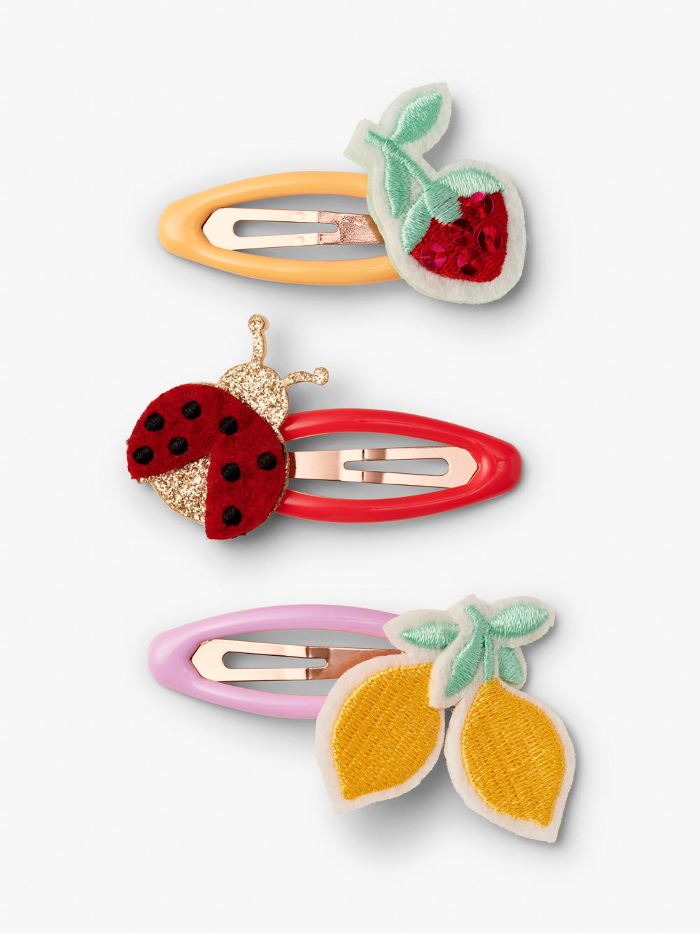 Stych Girls' - Embroidered strawberry, ladybug and lemon patch clips on bright enamel colours. Yellow, red and pink. 