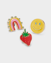 Load image into Gallery viewer, Stych Girl&#39;s Pack of 3 Strawberry,  Rainbow &amp; Smile Enamel Pin Badges 