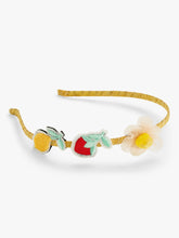Load image into Gallery viewer, Stych Girl&#39;s Character headband with embroidered strawberry and lemon patches and a mesh daisy