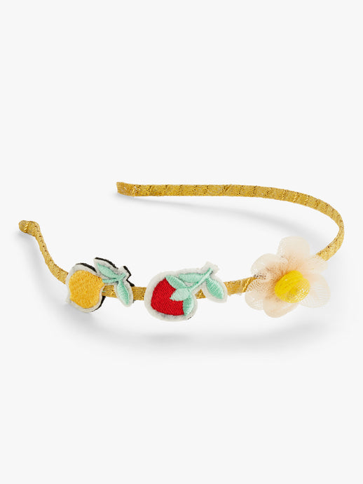 Stych Girl's Character headband with embroidered strawberry and lemon patches and a mesh daisy