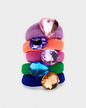 Stych Girl's Pack of 5 Bright Gem Ribbed Hair Bands With Gems Multi-colour, elasticated 
