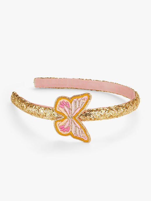 Stych Girl's Pink Embroidered Butterfly Applique on Gold Sparkle Headband