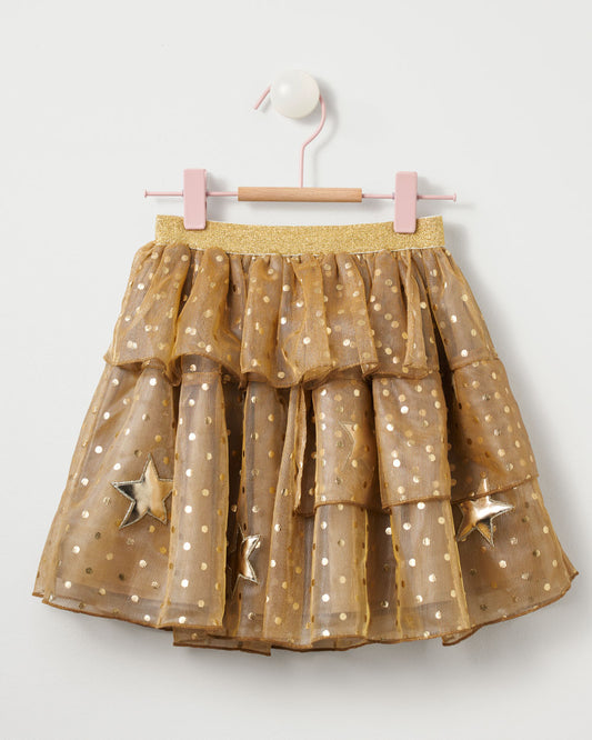 Stych Girls' Luxe Gold Sparkle Star Tulle Tiered Skirt| Size: Age 3-5 years & Age 6-8 years 