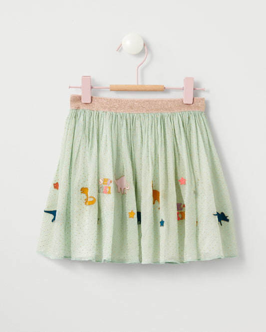 Stych Girls' She-Rex Embroidered Dinosaur Green Circle Skirt | Size: Ages 3-5 years & Age 6-8 years