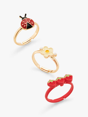 Stych Girl's Strawberry, Ladybug and Flower Enamel Adjustable Rings, Set of 3 