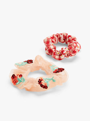 Stych Accessories - Tulle strawberry sequin & picnic check scrunchie set