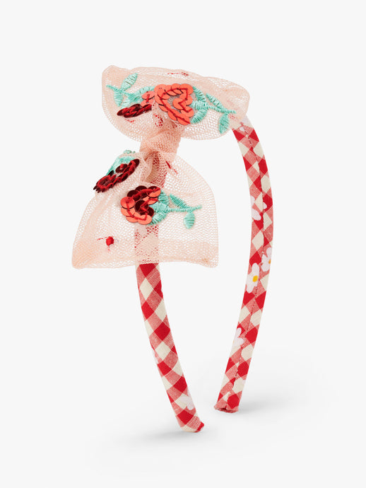 Stych Accessories - Red and White picnic check headband with strawberry sequin pink soft tulle bow. 