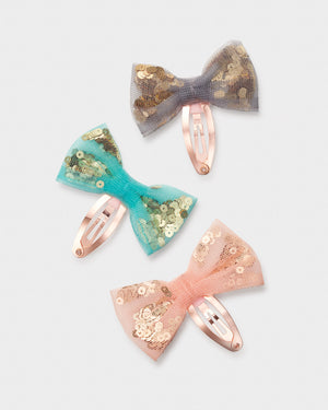 Stych Girls' Sequin Tulle Bow Clip in pink, teal and silver
